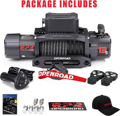 OPENROAD 13500 lb Recovery Winch with Synthetic Rope and 2 Wireless Remotes - IP68 Waterproof 12V Electric Winch for Jeep, SUV, Truck & Trailer - Panther Series 3S