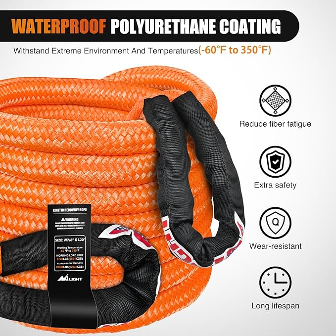 Nilight Kinetic Recovery Rope 28,600LBS 7/8" x 20ft Snatch Strap Heavy Duty Offroad Towing Strap Kit Vehicle Recovery kit for UTV ATV SUV Truck Car Jeep Tractor