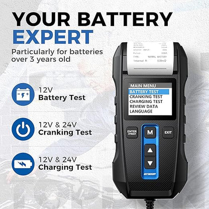 Car Battery Tester 12V 24V 100-2000CCA Lead-Acid Battery, TOPDON BT300P Alternator Tester, Load Tester, with Built-in Printer, Spark Free Metal Clamps, Automatic Reverse Polarity Protection