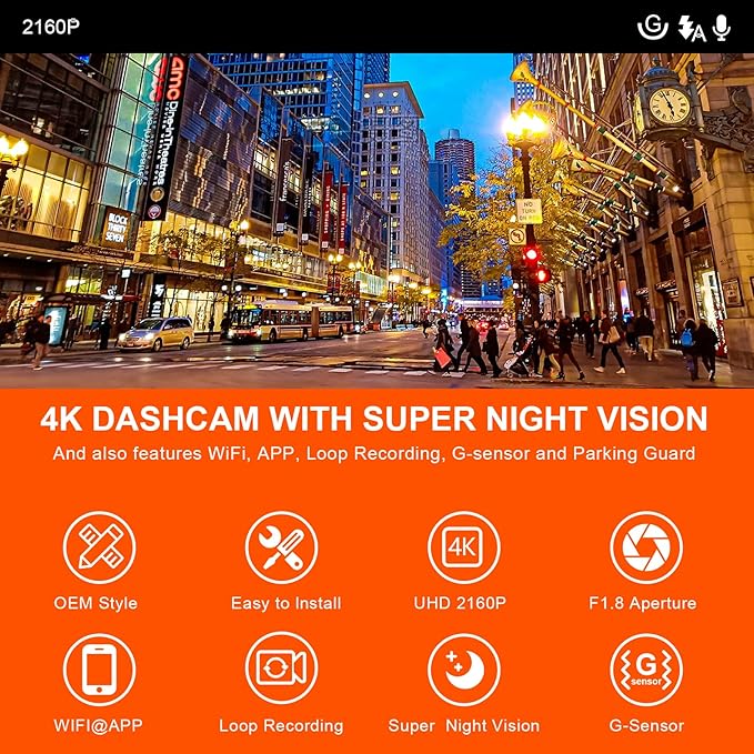 4K Dash Cam Custom fit for GMC Yukon, Yukon XL 2021-2022 (Model B), SLE SLT AT4 Denali, Integrated OEM Look, UHD 2160P Video, WiFi & App, G-Sensor, Loop Recording, Easy to Install, 128GB Card
