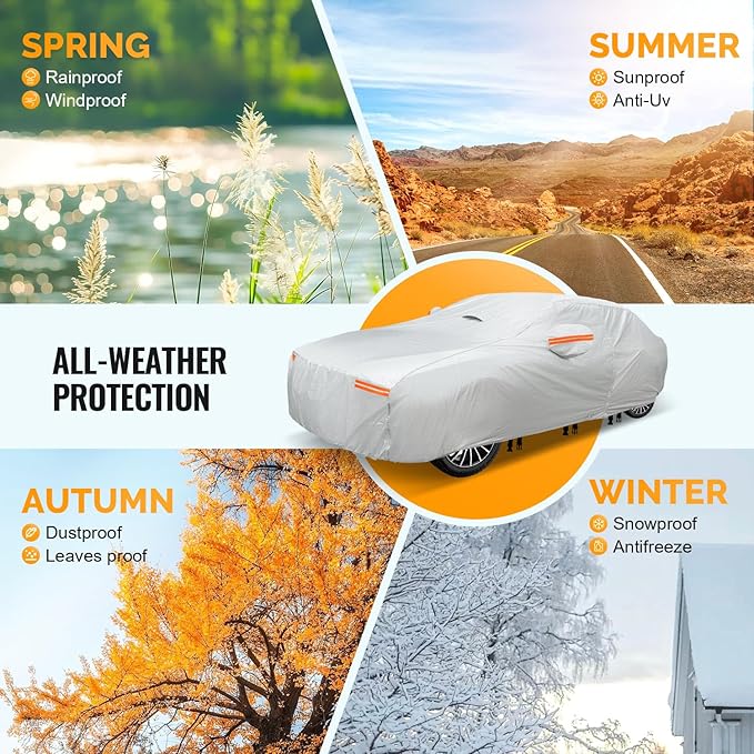 30 Layers Car Cover for Automobiles All Weather Waterproof, Outdoor Snowproof UV Protection Windproof, Door Zipper, Soft Cotton, Heavy Duty Universal Car Covers, (Silver, Fit Sedans 171"-180")