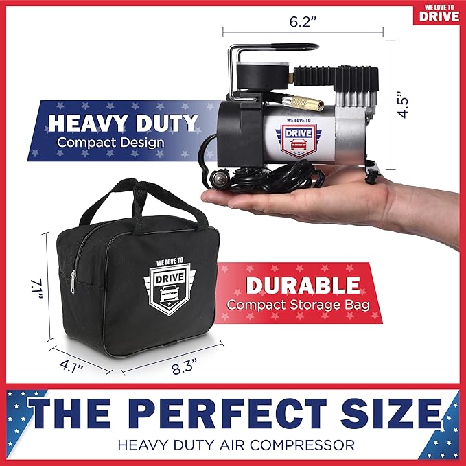 Tire Inflator Portable Air Compressor For Car Tires & Inflatables, 12V DC One Cylinder Air Pump For Emergency Kit with 150 PSI Pressure Gauge, Adaptors, Hose, Car Plug, Clip Connectors & Carry Bag
