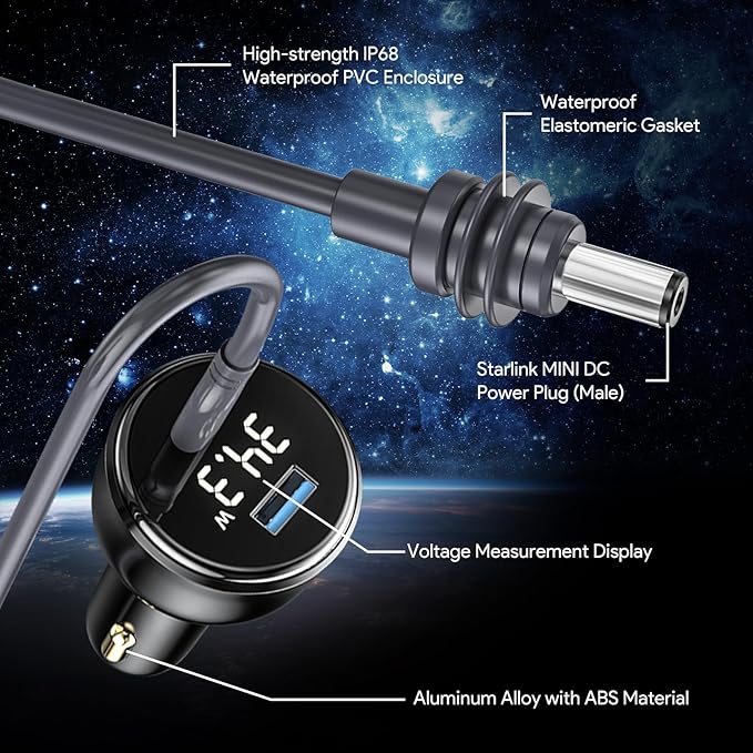 QUIDDITY Starlink Mini Car Adapter DC Power Cable + Cigarette Lighter Adapter 12V-24V with Digital Display, Water-Resistent Car Charging Cord with USB Type-C Port Starlink Mini Accessories(5M/16FT)