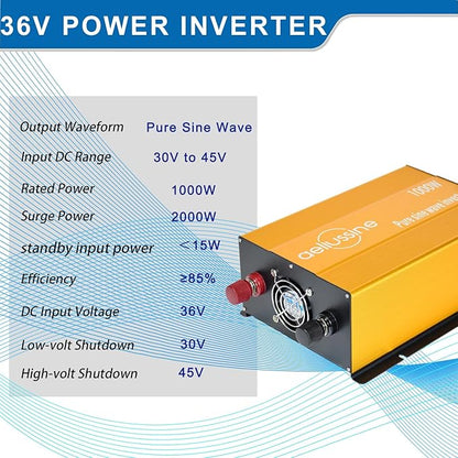 1000W Pure Sine Wave Inverter-36V DC to 110V 120V AC Power Converter with 2 AC Outlets, 36 Volt Power Inverter for Truck, Rv, Camping, Home, Emergency Power