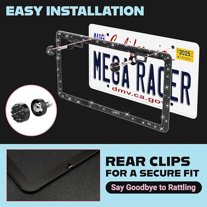 Elegant Bling License Plate Frames for Women - 2 Pack, 1600 Premium Black Rhinestones, Rust-Free Stainless Steel, Street Legal Slim Design, Sparkly Diamond Car Tag Holders with Glitter Crystal Covers