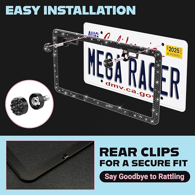 Elegant Bling License Plate Frame for Women - 1 Pack, 800 Premium Black Rhinestones, Rust-Free Stainless Steel, Street Legal Slim Design, Sparkly Diamond Car Tag Holder with Glitter Crystal Covers