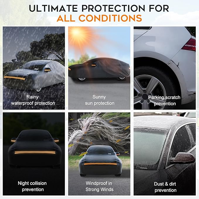Sedan Car Cover Waterproof All Weather for Automobiles，Outdoor Heavy Duty Full Exterior Covers with Zipper Door, Rain Sun Snow Dust UV Protection, Windproof Straps & Reflective Strips(Up to 169")