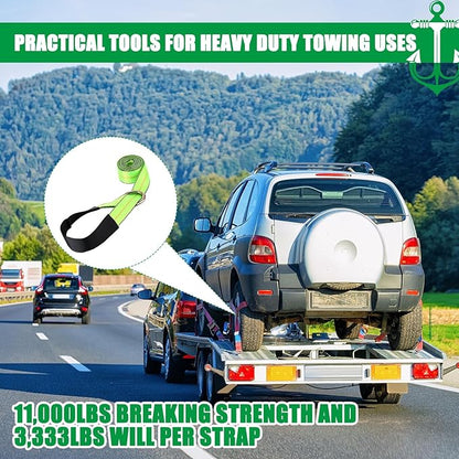 8Pack 2" X 10 ft Tow Truck Straps Lasso Wheel Lift Straps Lasso Tow Strap with D Ring 11, 000 Lbs Break Strength Auto Tie Down Auto Hauler for Trailer Truck Tie (Green)