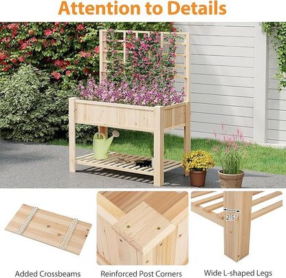 Giantex Raised Garden Bed with Trellis, Wooden Elevated Planter Box with Legs, Drainage Holes for Climbing Plants Vines Vegetables Flowers Herbs, Outdoor Horticulture Planter for Patio Yard
