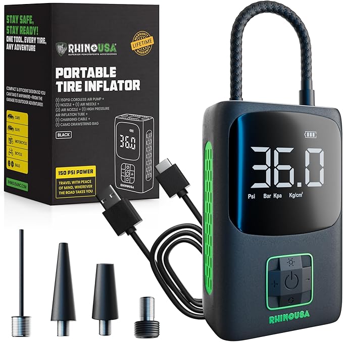 Rhino USA Tire Inflator Portable Air Compressor (150 PSI) Upgraded Air Pump for Car Tires with Digital Pressure Gauge - Best Mini Air Pump for Bike Tires with Dual LCD Screen (Black & Green)