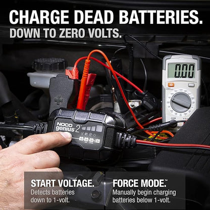 NOCO GENIUS2: 2A 6V/12V Smart Battery Charger – Automatic Maintainer, Trickle Charger & Desulfator with Overcharge Protection & Temperature Compensation – For Lead-Acid & Lithium Batteries