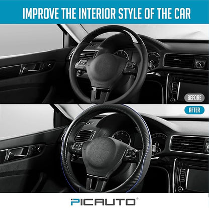 PIC AUTO Steering Wheel Cover, Blue Piping Leather, Sports Carbon Fiber and Super Breathable Leather, Universal 14.5-15.5 Inch Anti-Slip Steering Wheels Accessories for Men & Women
