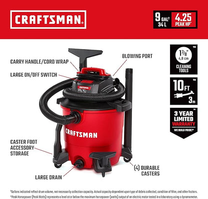 CRAFTSMAN CMXEVBE17590 9 Gallon 4.25 Peak HP Wet Dry Vac, Portable Shop Vacuum Wet and Dry with Filter, Dust Bag, Hose, Car Cleaning Kit and Micro Cleaning Kit for Home and Garage Cleaning