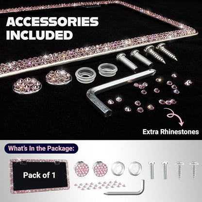 Glamorous Bling License Plate Frame for Women - 1 Pack, 800 Premium Pink Rhinestones, Rust-Free Stainless Steel, Street Legal Slim Design, Sparkly Diamond Car Tag Holder with Glitter Crystal Covers