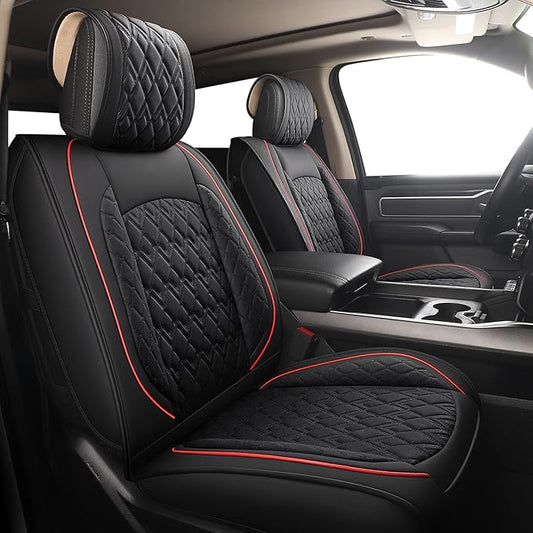 JOJOBAY Car Seat Covers for Dodge Ram 2 Pcs Front,Fit Ram 2009-2025 1500/2500/3500 Pick-up Truck,Crew,Regular,Quad,Mega Cab,Waterproof Leather Seat Covers Protectors（2 PCS Front,Black/Red）