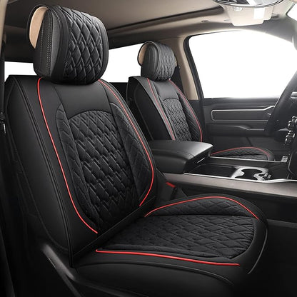 JOJOBAY Car Seat Covers for Dodge Ram Full Set,Fit Ram 2009-2025 1500/2500/3500 Pick-up Truck,Crew,Regular,Quad,Mega Cab,Waterproof Leather Seat Covers Protectors（5 PCS Full Set,Black/Red）