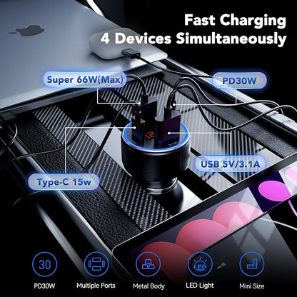 USB C Car Charger, Car Accessories for iPhone Aluminum Alloy Type C Car Charger Adapter Cigarette Lighter USB Charger Fast Charging for iPhone 16 15 14 13 Samsung Galaxy Google iPad Android