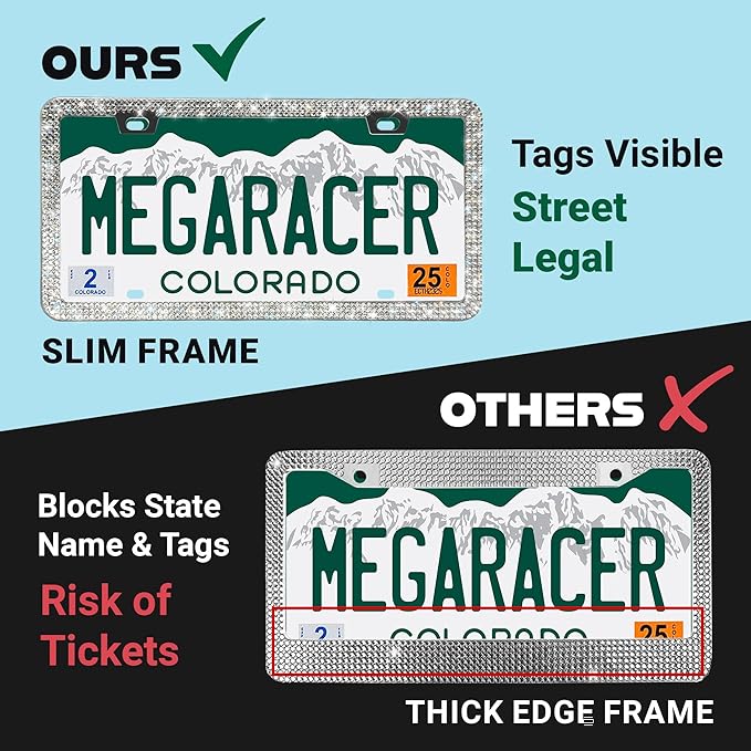 Dazzling Bling License Plate Frames for Women - 2 Pack, 1600 Premium Rhinestones, Rust-Free Stainless Steel, Street Legal Slim Design, Sparkly Diamond Car Tag Holders with Glitter Crystal Screw Covers