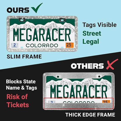 Dazzling Bling License Plate Frames for Women - 2 Pack, 1600 Premium Rhinestones, Rust-Free Stainless Steel, Street Legal Slim Design, Sparkly Diamond Car Tag Holders with Glitter Crystal Screw Covers