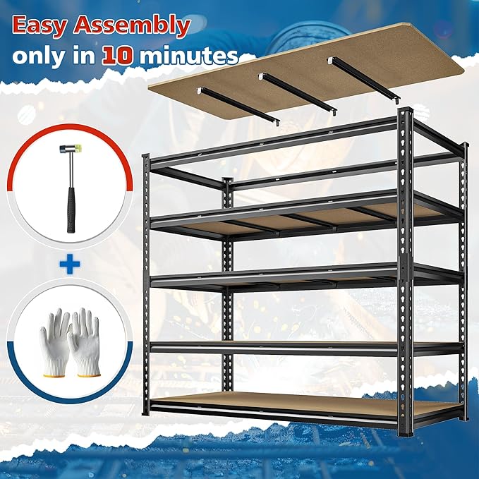 55" W Storage Shelves, 2550LBS Garage Shelving Heavy Duty, 5-Tier Heavy Duty Shelving, Adjustable Metal Shelving Unit for Garage, Warehouse, Pantry, Kitchen, 55" W × 24" D × 72" H, Black