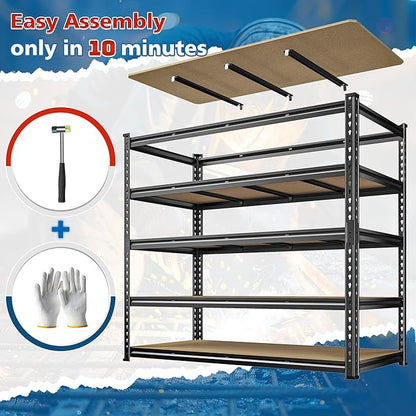 55" W Storage Shelves, 2550LBS Garage Shelving Heavy Duty, 5-Tier Heavy Duty Shelving, Adjustable Metal Shelving Unit for Garage, Warehouse, Pantry, Kitchen, 55" W × 24" D × 72" H, Black