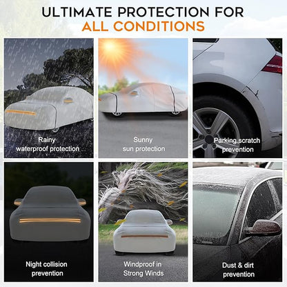 Waterproof Car Cover for Hatchback: 6-Layer All-Weather Protection from Rain, Snow, UV & Dust - Universal Fit for Hatchbacks up to 165 inches with Zipper Door & Windproof Straps, Silver