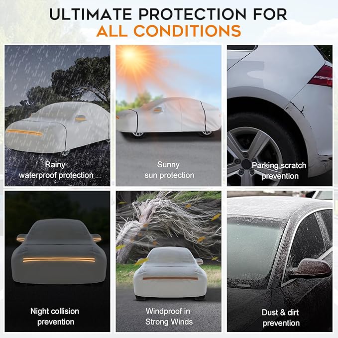 Car Cover Waterproof All Weather,6 Layers with Cotton Lining for Full Protection Against Rain, Snow, UV, and Dust,Easy to Install and Remove,Fit Sedans up to 213 inches,with Zipper Door,Silver