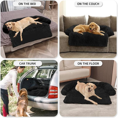 GGIB Calming Dog Bed Fluffy Plush Dog Mat for Furniture Protector with Removable Washable Cover for Large Medium Small Dogs and Cats (Extra Large (53x39.3x6), Black)