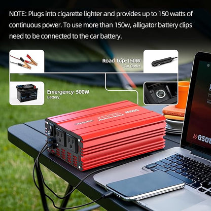 SUNWHEEL 500W Power Inverter DC 12V to 110V AC Car Inverter with 2 x 3.1A USB Ports and Dual AC Outlet, Equipped with 1 Cigarette Lighter and 2 Battery Clamps for Road Trip and Camping
