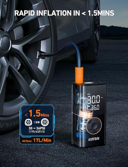 AstroAI L7 Tire Inflator Portable Air Compressor Cordless Mini Bike Pump with Digital Dual Values Display, 150 PSI Car Tires Air Pump with LED Lights&Pressure Gauge for Auto, Motorcycles, Bikes, Balls