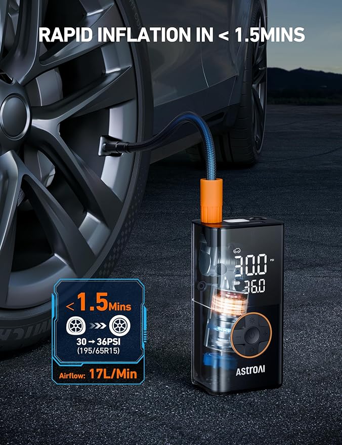 AstroAI L7 Tire Inflator Portable Air Compressor Cordless-2pack Bike Pump with Digital Dual Values Display, 150 PSI Car Tires Pump with LED Lights Air Pump for Cars, Motorcycles, Bikes, Balls