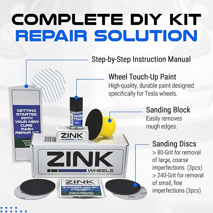 Premium Tesla Wheel Curb Rash Repair Kit for Model 3 19-inch Silver Stiletto Sport Rims - DIY Kit with Color-matched Touch Up Paint - Made in USA