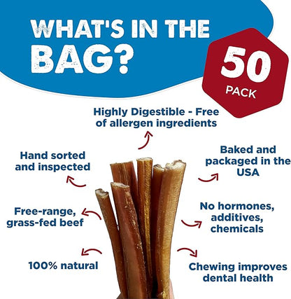 Best Bully Sticks 12 Inch Bully Sticks for Dogs - 50 Count (Pack of 1) - Natural, Easily Digestible, 100% Grass-Fed Beef, Grain and Rawhide Free