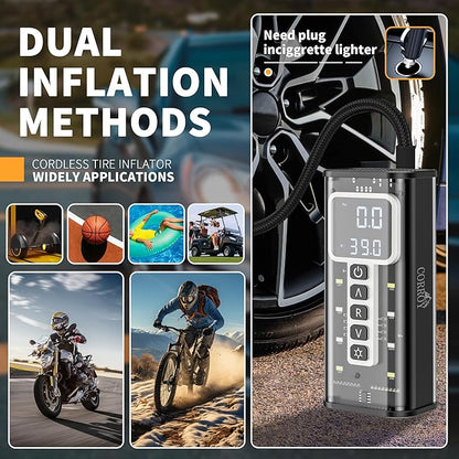 Tire Inflator Portable Air Compressor – 20000mAh Battery, 150PSI Cordless Bike Pump, Dual 12V DC Power, Tire Pressure Gauge, Air Pump for Fast 5X Inflation for Cars, SUVs, Bikes & Balls