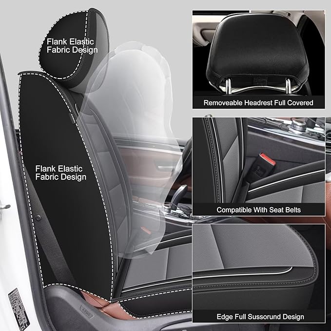 YORKNEIC 2 Front Seat Covers Fit for Hyundai Kona 2018-2024 2025: Leather Car Seat Covers - Waterproof Car Seat Protector Compatible Airbag (Black & Grey)