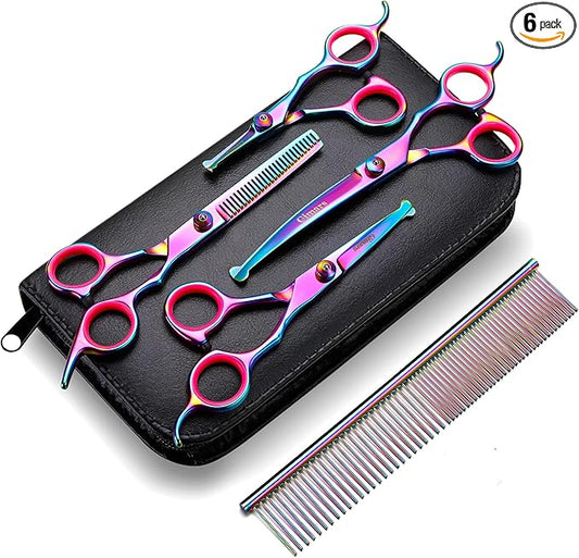 Gimars Professional 4CR Stainless Steel 6 in 1 Grooming Scissors for Dogs with Safety Round Tip, Heavy Duty Titanium Coated Pet Grooming Scissor for Dogs, Cats and Other Animals