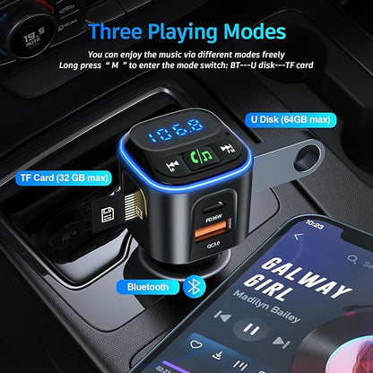 Bluetooth 5.3 FM Transmitter Car Adapter [PD36W & QC18W] [Fast Charging] Wireless Radio Adapter HiFi Bass Sound Hands-Free Calling LED Display with Light Switch Support Bluetooth/U Disk/TF Card