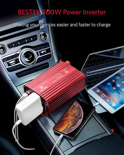 BESTEK 500W Power Inverter DC 12V to 110V AC Converter with Alligator Battery Clamp 4.8A Dual USB Car Charger ETL Listed