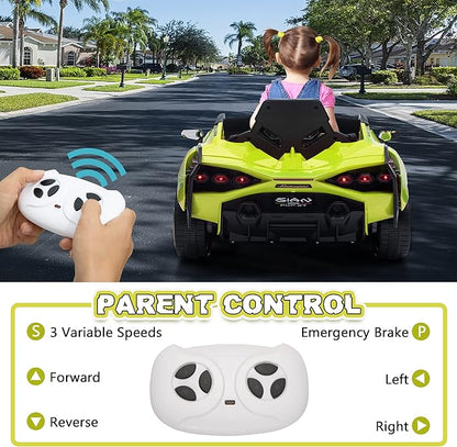 TOBBI Electric Ride On Car Toy for Kids to Drive, 12V Battery Powered Licensed Lamborghini SIAN with Parent Remote Control for Toddlers 3-6 Years w/Functions Spring Suspension/Horn/LED Lights-Green