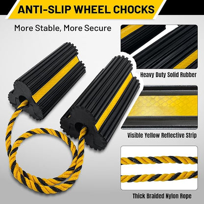 ROBLOCK Heavy Duty Wheel Chocks, Rubber Wheel Block Non-Slip Base with Nylon Rope Yellow Reflective Tape - 1 Pair Black, Wheel Stoppers for Travel Trailers, RV, Aircraft, Car, Camper, Truck