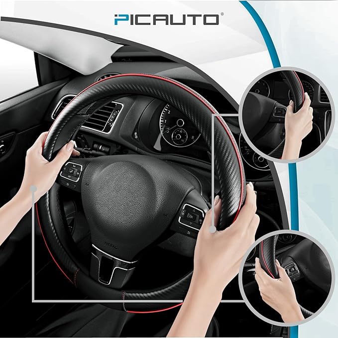 PIC AUTO Steering Wheel Cover, Red Piping Leather, Sports Carbon Fiber and Super Breathable Leather, Universal 14.5-15.5 Inch Anti-Slip Steering Wheels Accessories for Men & Women