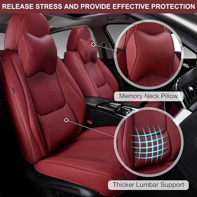 Car Seat Covers Full Set, Front and Rear Seat Covers for Cars, Waterproof Leather Auto Seat Protectors with Head Pillow, Car Seat Cushions Fit for Most Sedans SUV Pick-up Truck, Wine Red