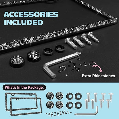 Elegant Bling License Plate Frames for Women - 2 Pack, 1600 Premium Black Rhinestones, Rust-Free Stainless Steel, Street Legal Slim Design, Sparkly Diamond Car Tag Holders with Glitter Crystal Covers