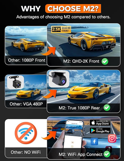 3 Channel WiFi Dash Cam Front and Rear Inside with 64GB SD Card, 2.5K+1080P+1080P Car Dash Camera for Cars Front and Rear, Dashcam with G-Sensor, Loop Recording, 24H Parking Mode, Support 512GB