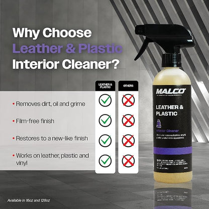 Malco Leather & Plastic Cleaner – Penetrates Deep to Remove Dirt, Grime and Oily Soils/Restores Leather, Plastic and Vinyl/Leaves Surfaces Clean, Shiny and Film-Free / 16 Oz. (100116)