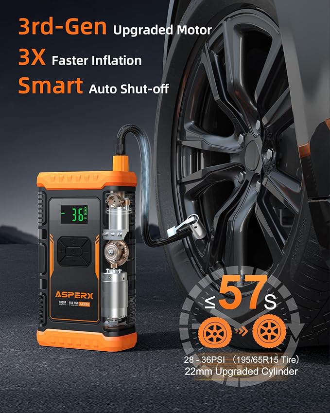 ASPERX Jump Starter with Air Compressor,【Upgrade & Safety Certs】10L Gas/8L Diesel(Almost All Cars) 12V Jumper Box Car Battery Jumper Starter Portable with Tire Inflator, Jumper Cables, Display & Light