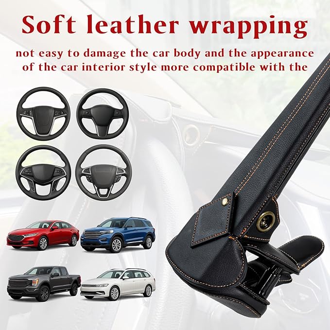Amorin Leather Car Steering Wheel Lock Anti Theft Device Security Lock with Adjustable Length Fit for Cars Trucks Vans and SUVs with 2 Keys