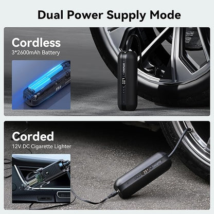 CYCPLUS Tire Inflator Portable Air Compressor - 150PSI Cordless Air Pump with Digital Tire Pressure Gauge, Accurate LCD Display & LED Light, DC/AC 2-in-1 for Car/Motorcycle/E-Bike/Ball(2025 Version)