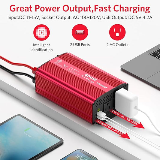 500W Pure Sine Wave Power Inverter, DC 12V to 110V AC Car Plug Inverter Adapter with 4.2A Dual USB Charging Ports and 2 AC Outlets Car Charger (Red)