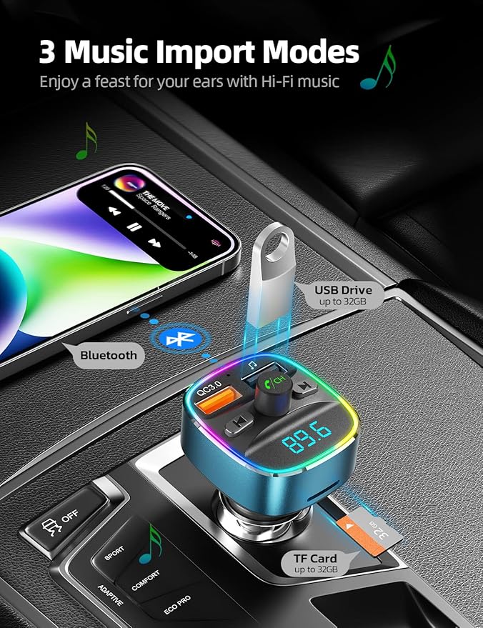 Nulaxy Bluetooth FM Transmitter, Bluetooth Car Adapter with Dual USB Charging Car Charger, MP3 Player Support, TF Card & USB Disk, Hands-Free Calling, 7 Colors LED Backlit Light-Blue